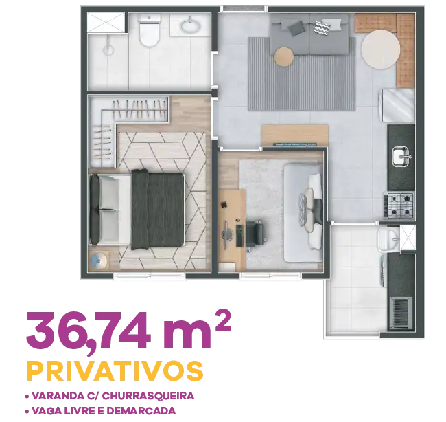 Planta do apartamento de 36,74m² no Cenário Condomínio Clube