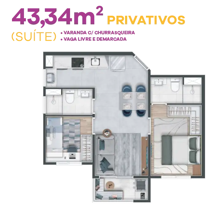 Planta do apartamento de 43,34m² no Cenário Condomínio Clube²