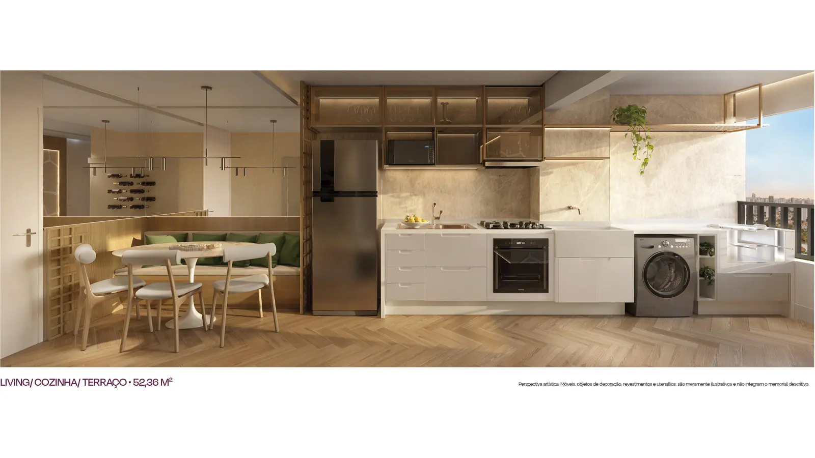 Imagem de ambiente do living, cozinha e terraço de 52,36 m². Perspectiva artística, não é planta