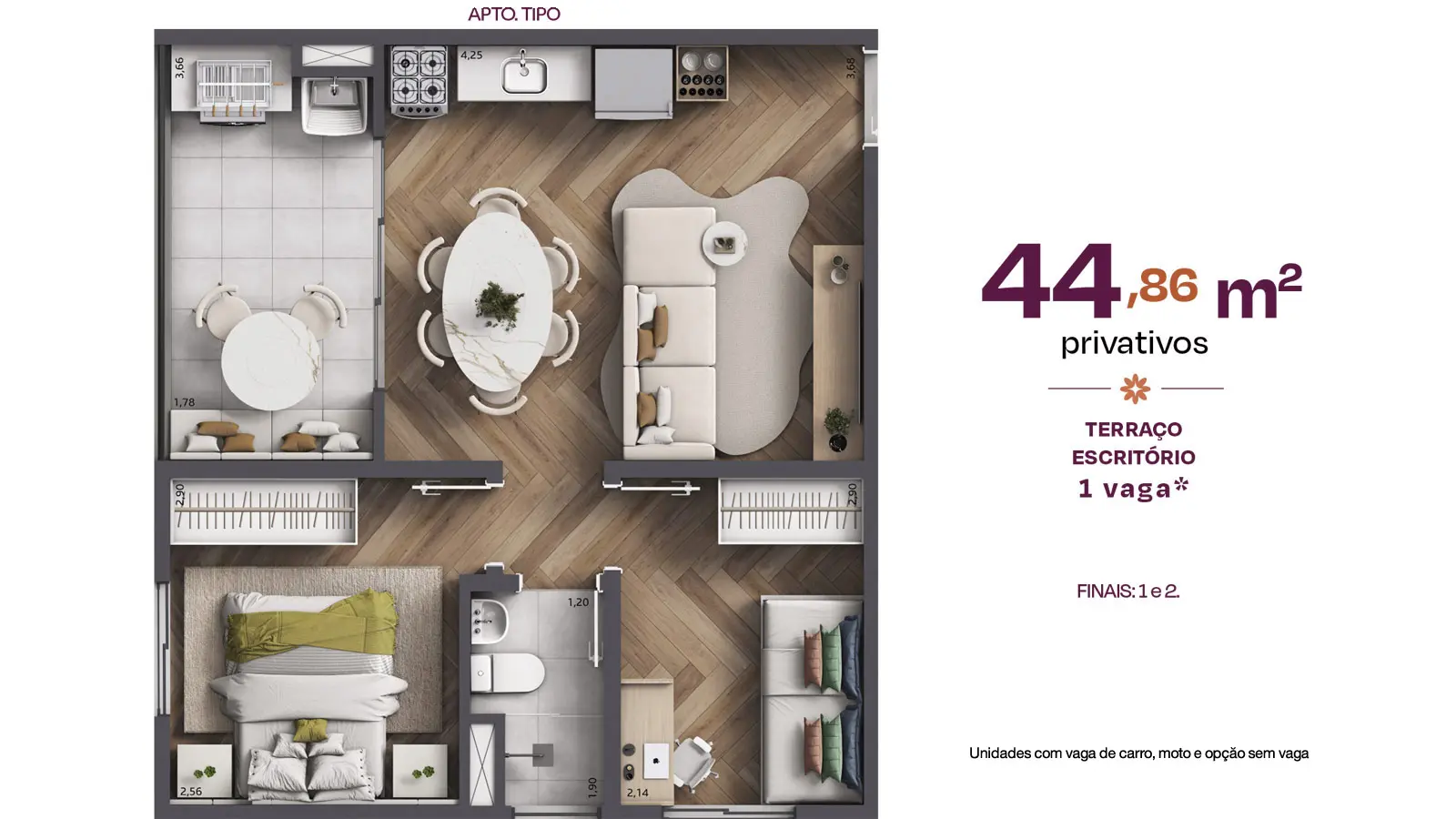 Planta do apartamento tipo de 44,86 m² privativos do City Capelinha, finais 1 e 2
