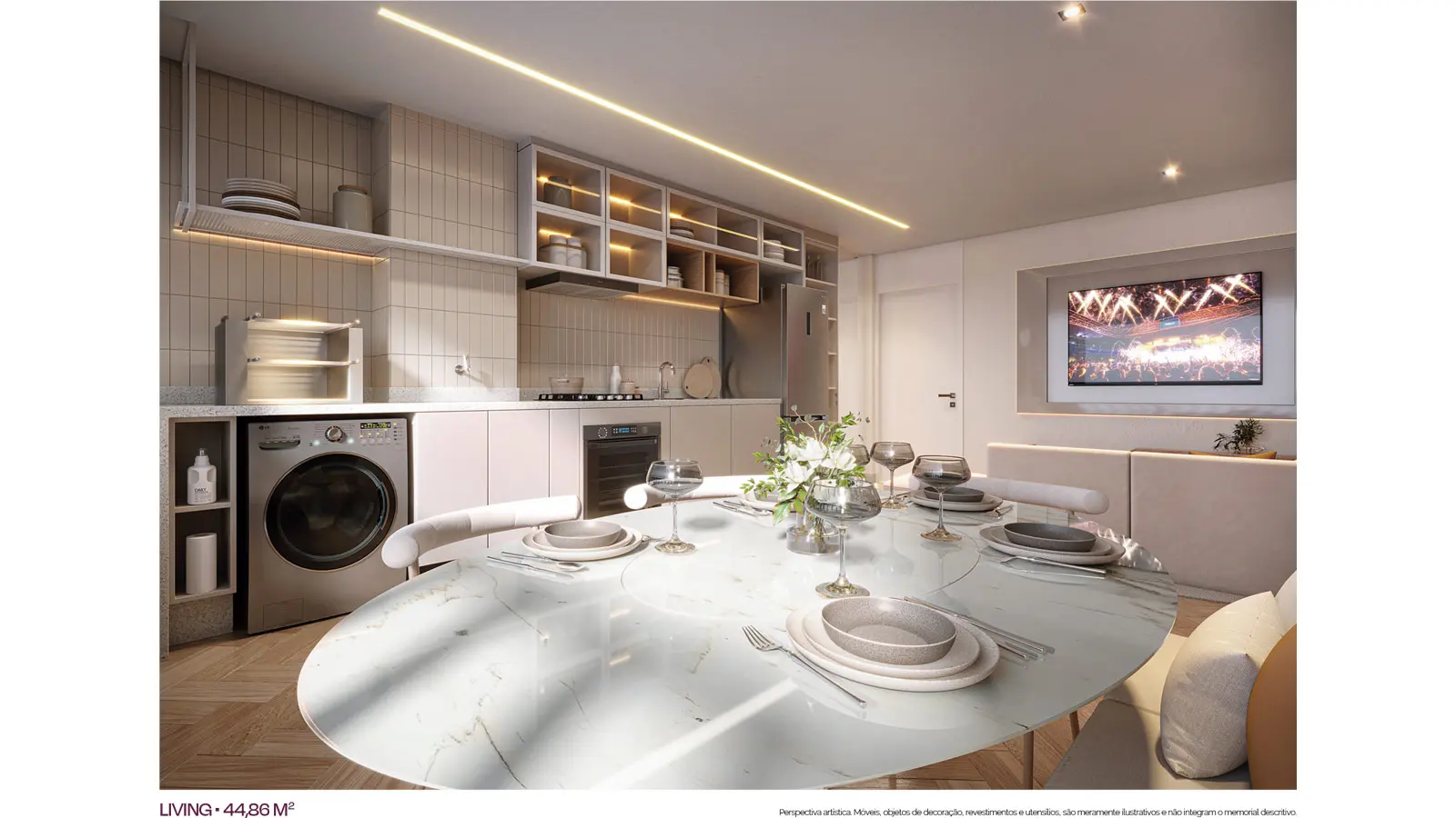 Imagem de ambiente do living de 44,86 m². Perspectiva artística, não é planta