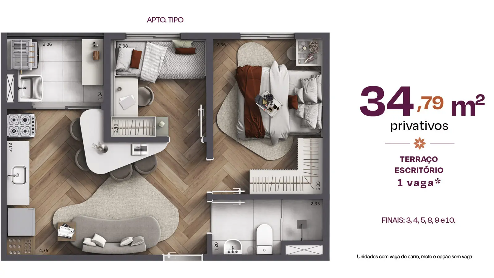 Planta do apartamento tipo de 34,79 m² privativos do City Capelinha, finais 3 a 10