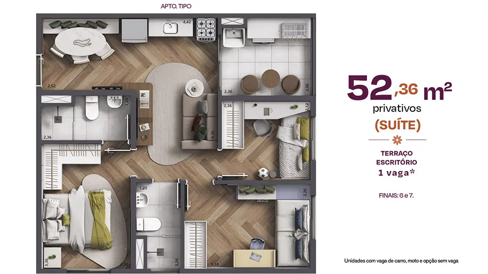 Planta do apartamento tipo de 52,36 m² privativos do City Capelinha, finais 6 e 7