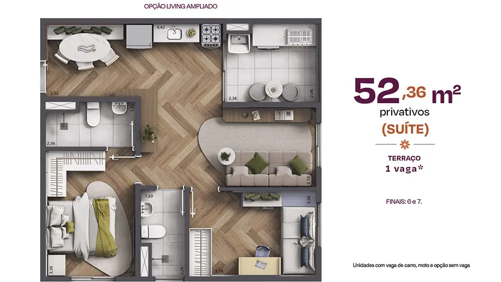 Opção de living ampliado da planta de 52,36 m² privativos, finais 6 e 7