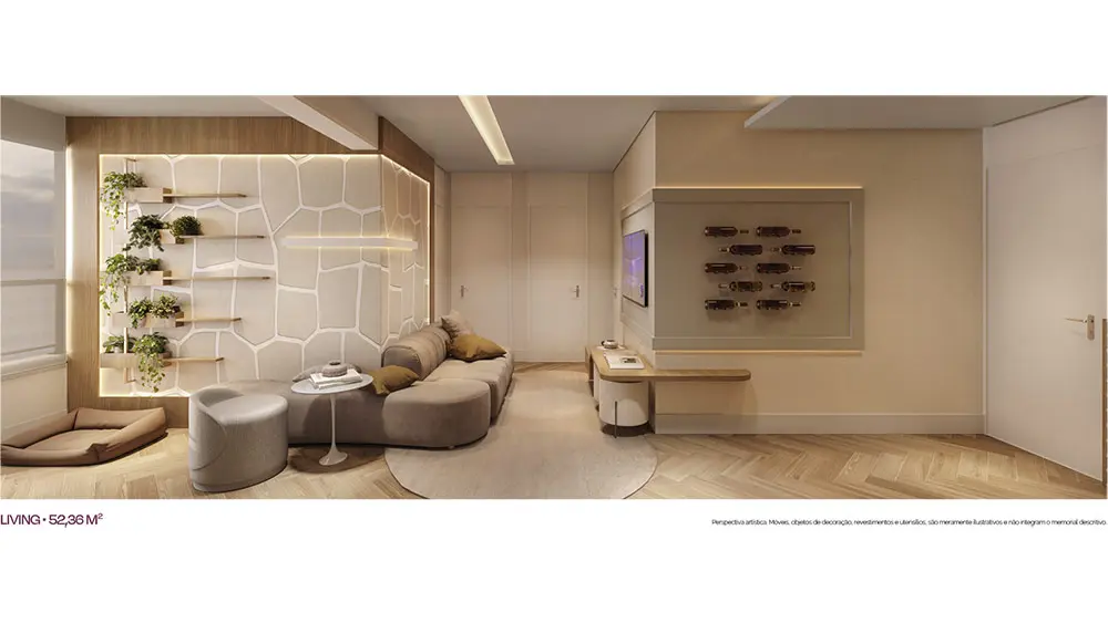 Imagem de ambiente do living de 52,36 m². Perspectiva artística, não é planta