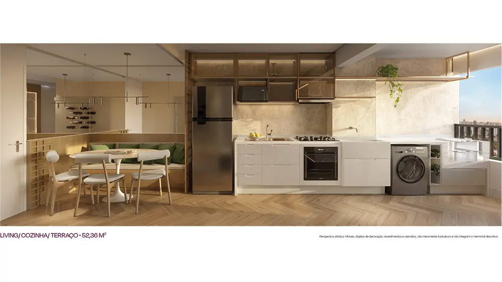 Imagem de ambiente do living, cozinha e terraço de 52,36 m². Perspectiva artística, não é planta