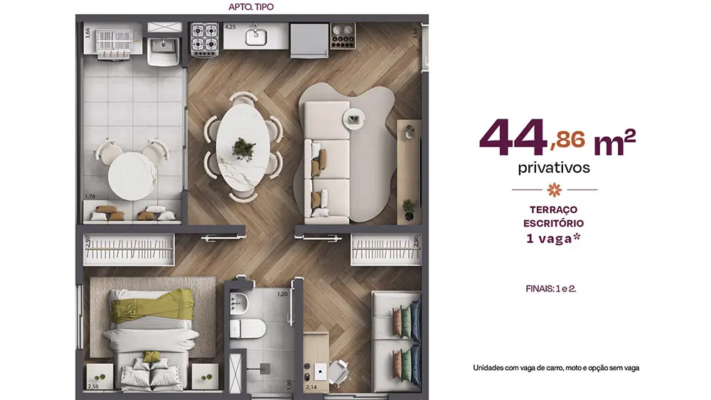 Planta do apartamento tipo de 44,86 m² privativos do City Capelinha, finais 1 e 2