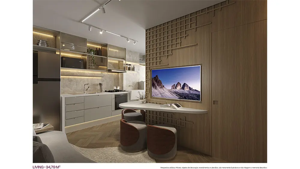 Imagem de ambiente do living de 34,79 m². Perspectiva artística, não é planta