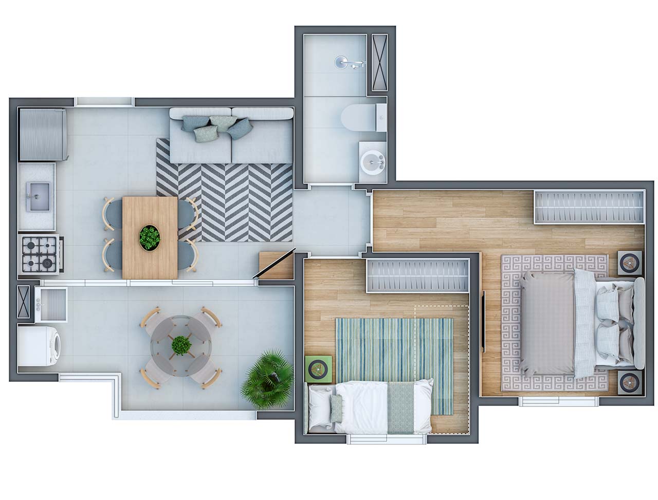 Planta apartamento 39,38m² - 2 Dormitórios com varanda gourmet - Torres 3 e 4 - Finais 4 e 6 - Infinity Home Club