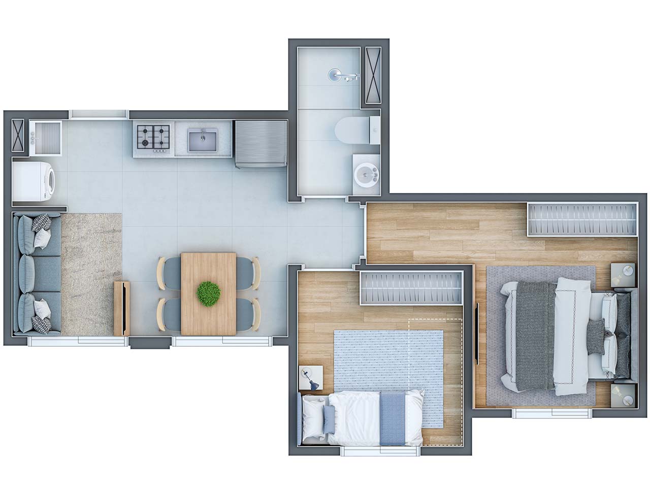 Planta apartamento 35,23m² - 2 Dormitórios - Torres 1 e 2 - Finais 4 e 6 - Infinity Home Club