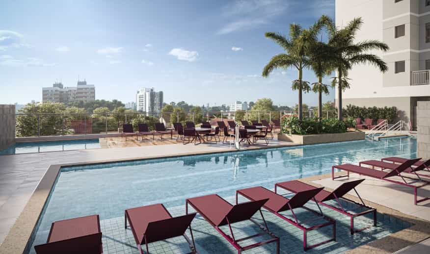 Piscinas adulto e infantil, deck molhado, ducha, bar e solarium (Perspectiva artística)
