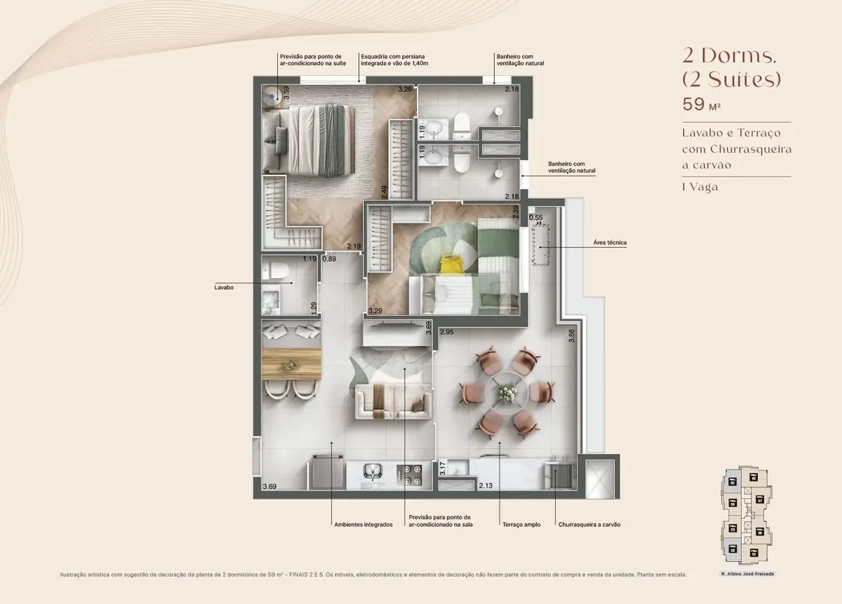 Planta 59 m² com 2 dormitórios e 2 suítes - Maxima Altino