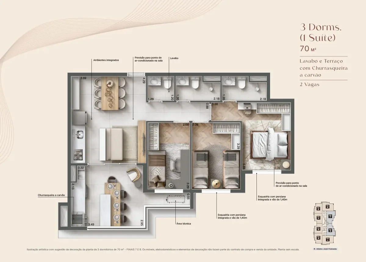 Planta 70 m² com 3 dormitórios e 1 suíte - Maxima Altino
