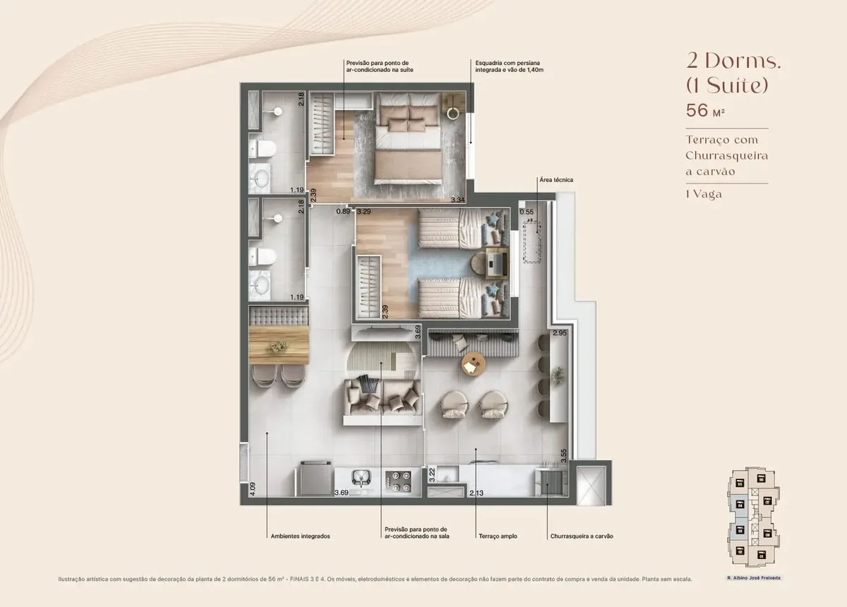 Planta 72 m² com 2 dormitórios e 1 suíte - Maxima Altino