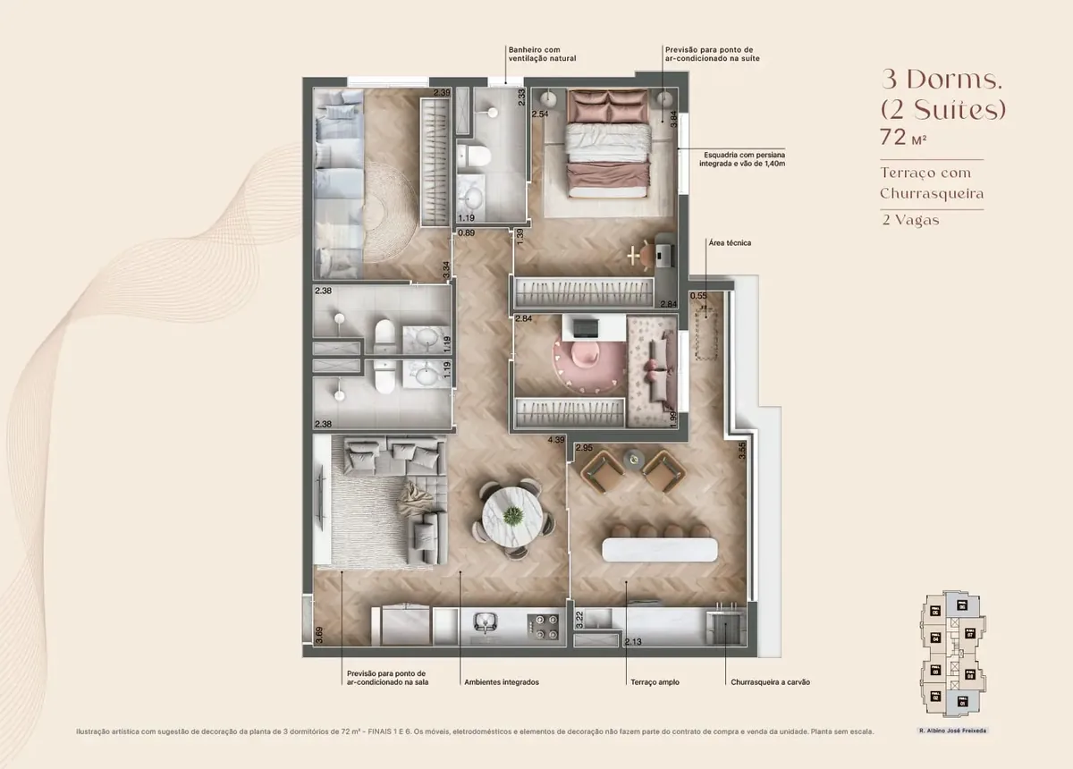 Planta 72 m² com 3 dormitórios e 2 suítes - Maxima Altino