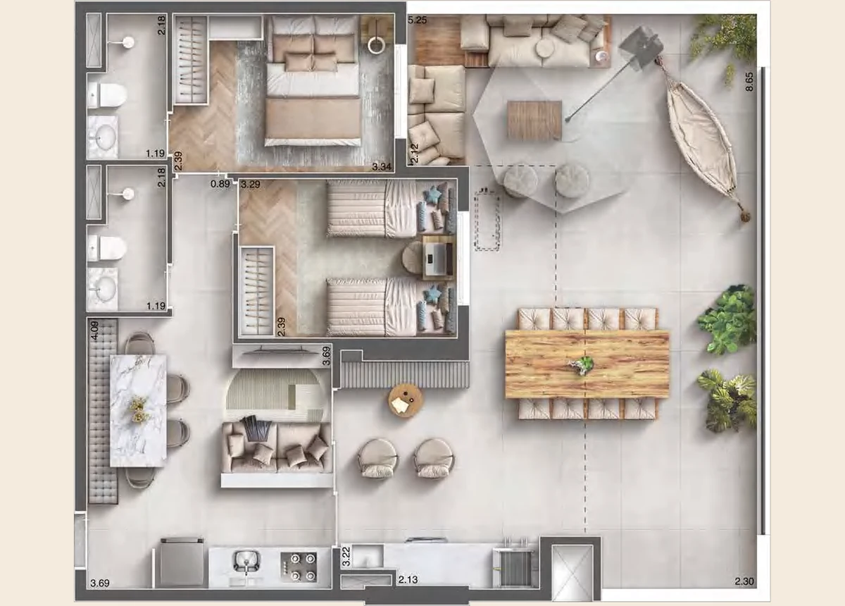 Planta Garden de 92 m² com 2 dormitórios e 1 suíte - Maxima Altino