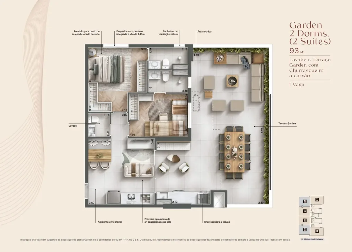 Planta Garden de 93 m² com 2 dormitórios e 2 suítes - Maxima Altino