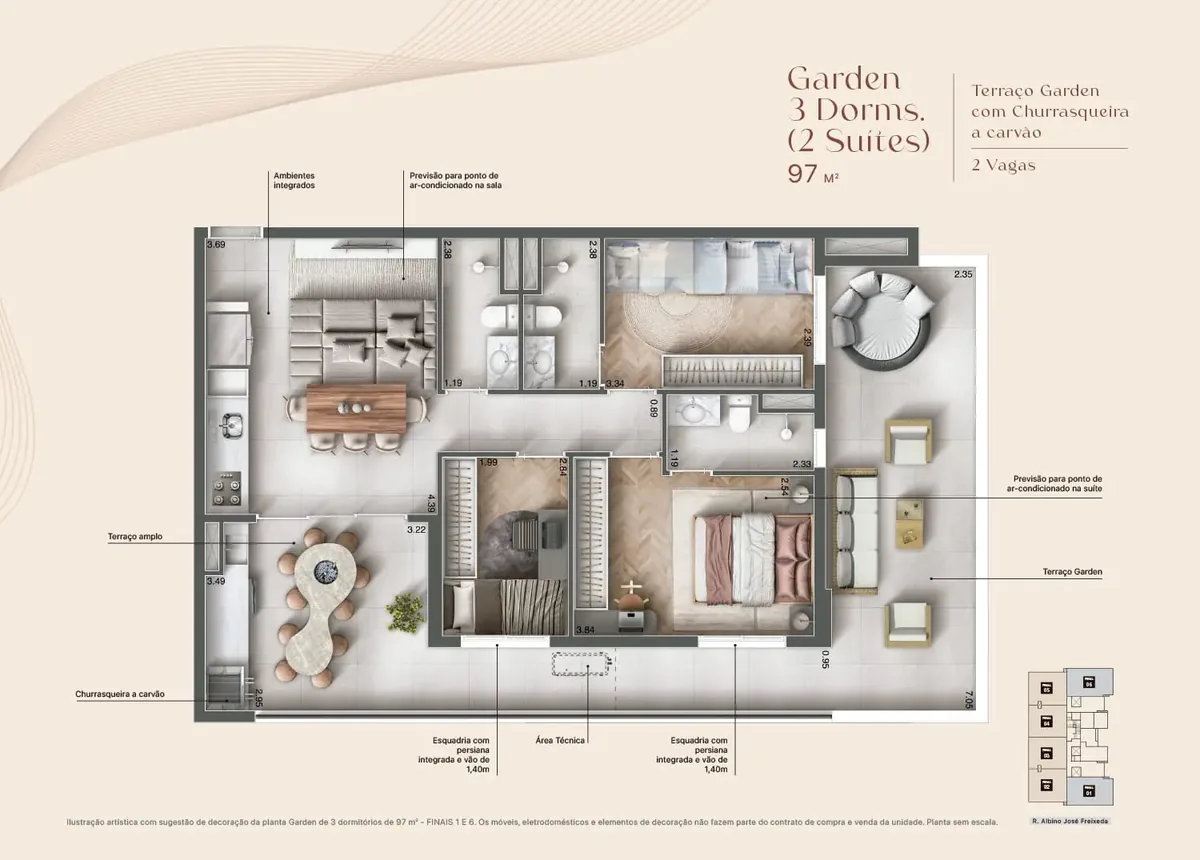 Planta Garden de 97 m² com 3 dormitórios e 2 suítes - Maxima Altino