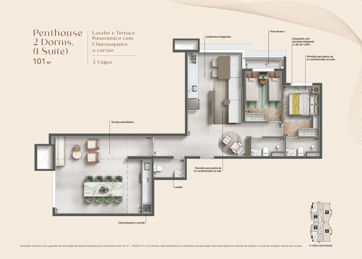 Planta Penthouse de 101 m² com 2 dormitórios e 1 suíte - Maxima Altino