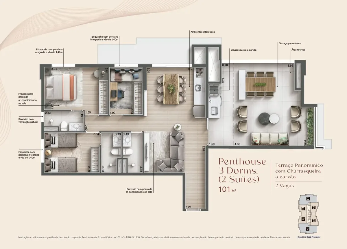 Planta Penthouse de 101 m² com 3 dormitórios e 2 suítes - Maxima Altino