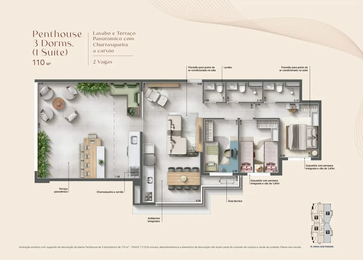 Planta Penthouse de 110 m² com 3 dormitórios e 1 suíte - Maxima Altino