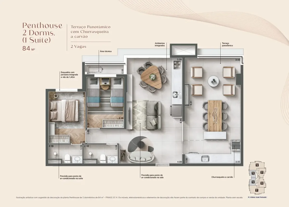 Planta Penthouse de 84 m² com 2 dormitórios e 1 suíte - Maxima Altino
